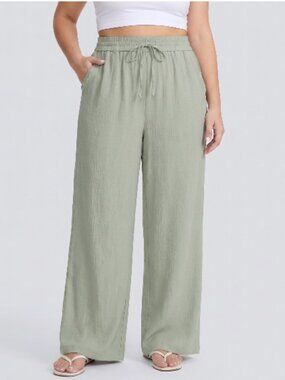 Halara Pants Womens 2X Regular Sage Green Linen-Feel Wide Leg Drawstring NWOT
